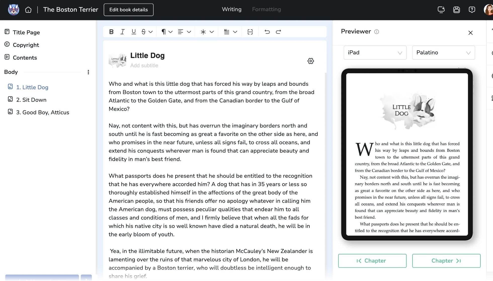 Atticus formatting view showing theme grid and live book preview on simulated iPad