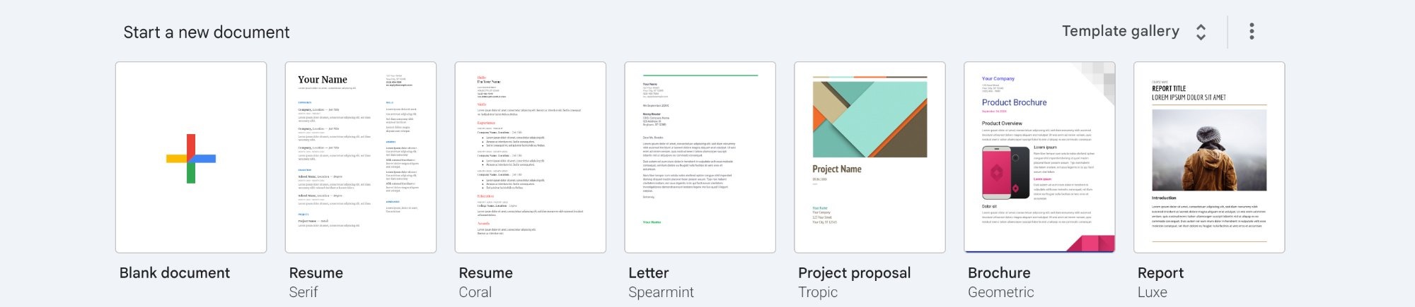 Google Docs template gallery showing resume, letter, brochure, and project proposal templates — nothing for fiction writers