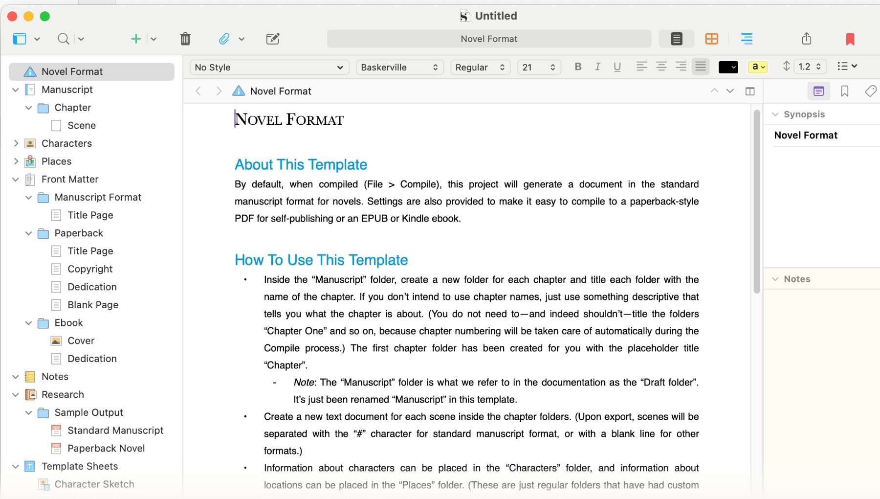 Scrivener's Binder sidebar showing manuscript structure with chapters, characters, places, and research folders